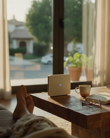 Person with bare feet on couch at wooden desk with laptop, coffee mug, and open book, overlooking residential street through large windows