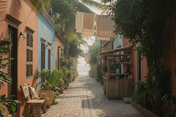 Narrow cobblestone alley with colorful colonial buildings, palm trees, flowering vines, and laundry hanging overhead.