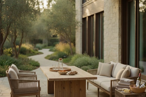 Modern patio with wooden furniture, stone table, and cushioned seating overlooking landscaped garden with trees