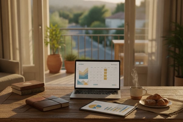 Wooden desk with laptop, tablet, books, and coffee cup overlooking mountain valley through open glass doors