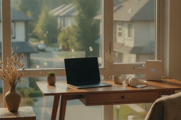 Wooden desk with laptop and coffee mug facing large windows overlooking forested neighborhood with houses
