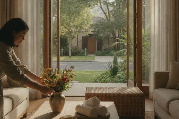 Woman arranging flowers in living room with open doors overlooking garden and trees