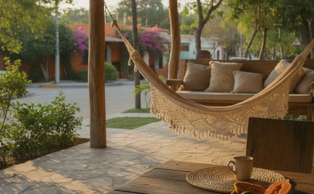 Covered patio with wooden table, hammock with cushions, and view of courtyard with flowering trees